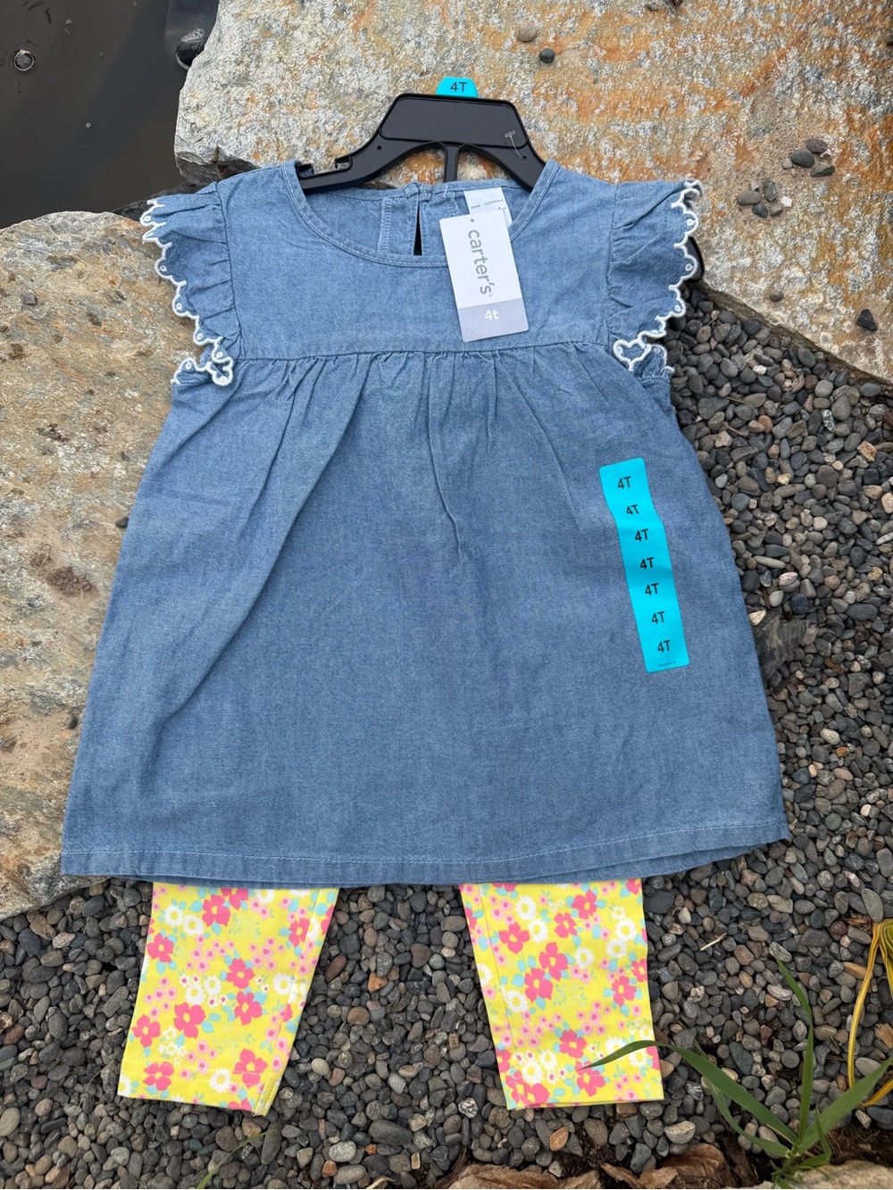 Carter's Blue Denim-Look Dress with Yellow Floral Leggings